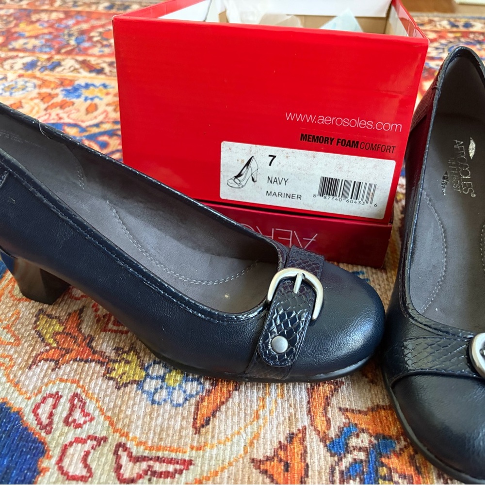 AEROSOLES Navy Buckle Low Heel Pumps